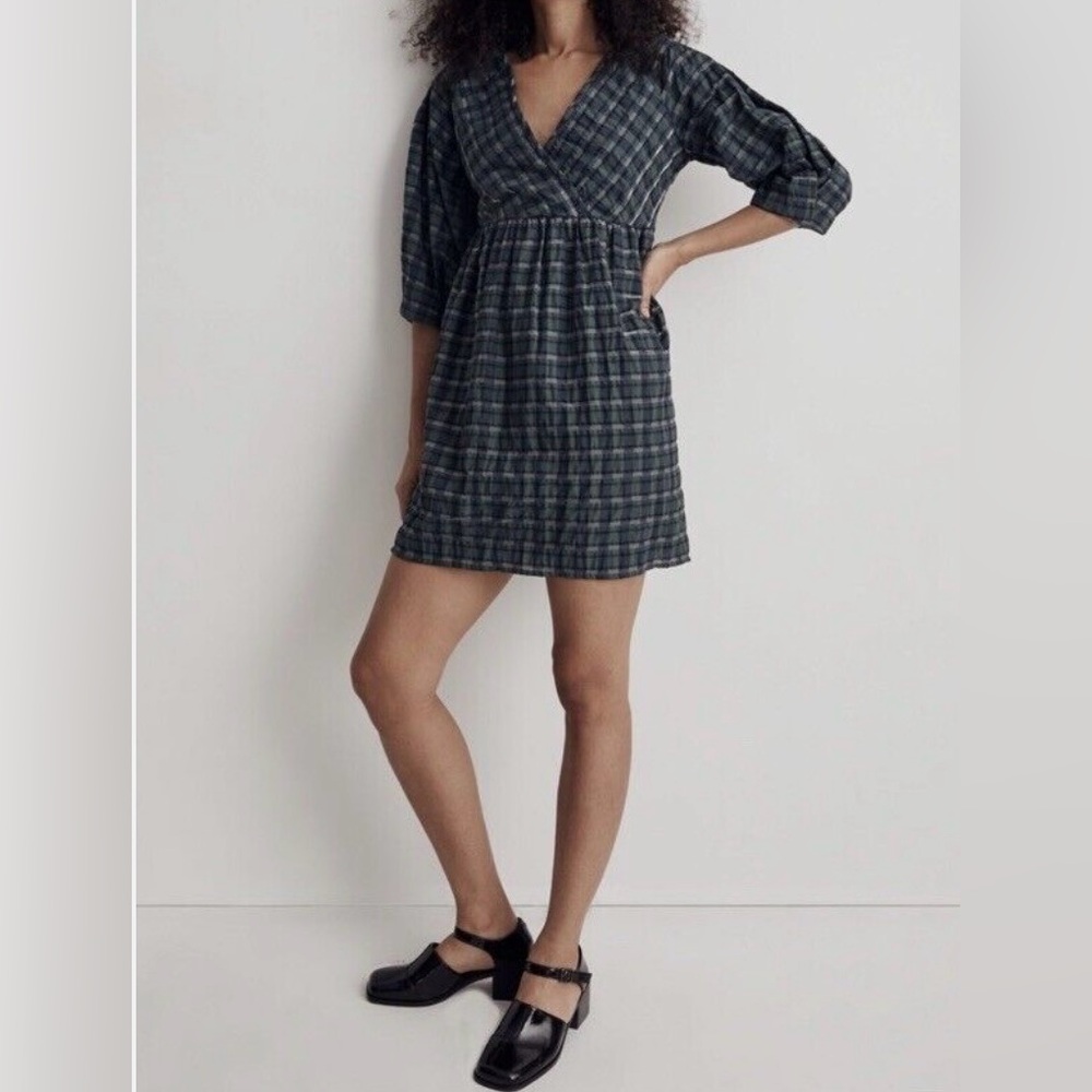 Madewell Marianna Puff Sleeve Mini Plaid Dress In Forest Green -‎ Size XXS
